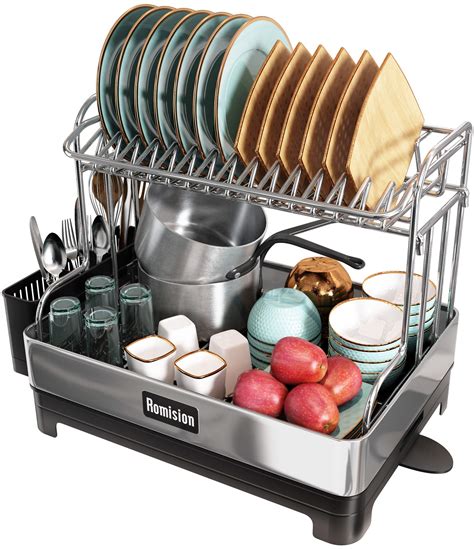 Dish Drying Rack, Romision 304 Stainless Steel 2 Tier Large Dish Rack and Drainboard Set with ...