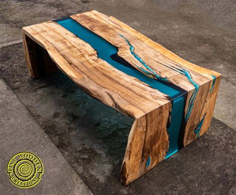 Double waterfall live edge epoxy resin coffee table with glowing cracks - Fine Wooden Creations