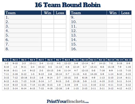 16 Team Round Robin Printable Tournament Bracket