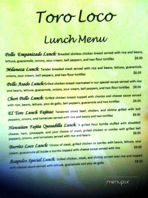 Menu of Toro Loco in Urbana, IL 61802