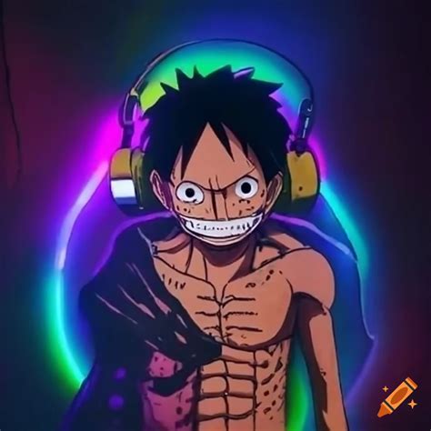 Luffy wearing headphones in a room with many rgb lights, gamer