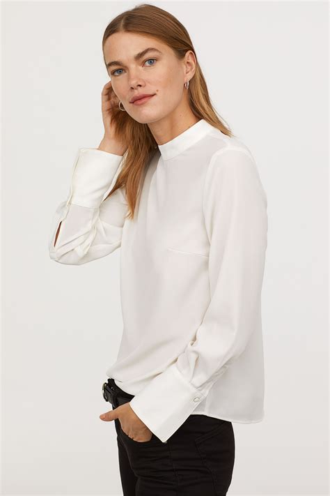 Blouse with a stand-up collar - White - Ladies | H&M GB | Blouse ...