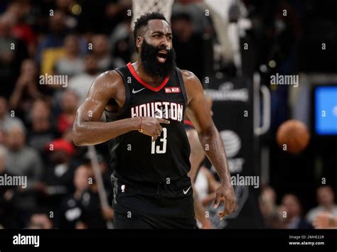 Houston Rockets guard James Harden (13) reacts to a play during ...