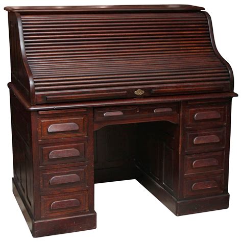 1910s Petite Antique Wooden Serpentine Roll Top Desk with Nine Drawers at 1stdibs