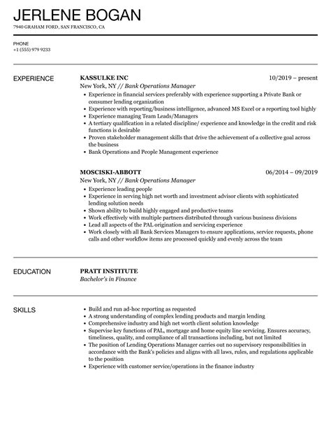 Bank Operations Manager Resume Sample