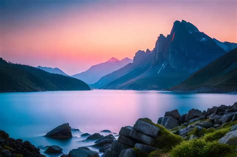 Premium AI Image | A mountain lake with a pink sky and a purple sky