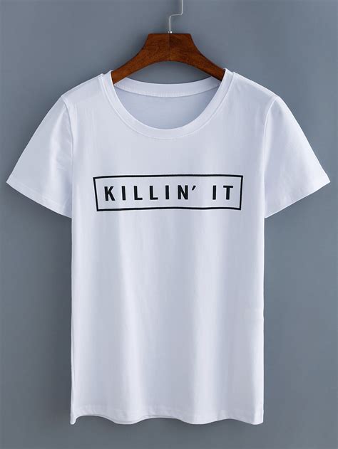 White Letters Print T-Shirt -SheIn(Sheinside)