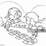 Coloring Book Kids Playing Hopscotch High Res Vector Graphic  Getty Images sketch template
