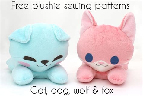 Free plush sewing pattern: Cat, dog, fox, wolf laying stuffed animals