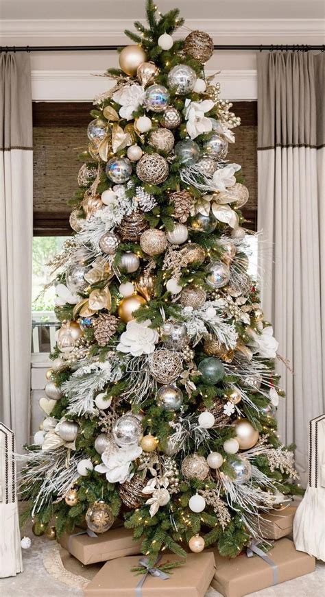 White Gold Christmas Tree Decor Regina Gust #RusticDecorFireplace | Gold christmas tree ...