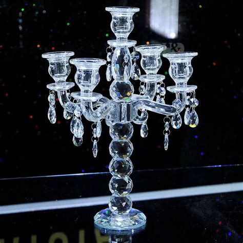 2016 K9 Crystal 5 Arm Crystal Candle Holders centerpieces w/ Prisms Tall Candelabra For Wedding ...