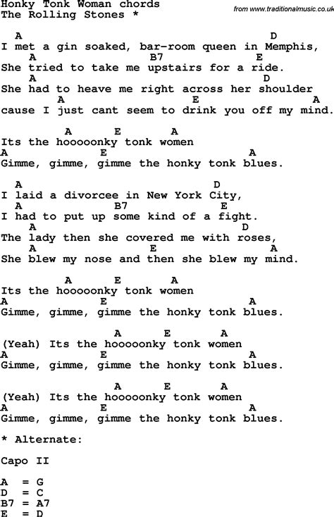 Song lyrics with guitar chords for Honky Tonk Woman