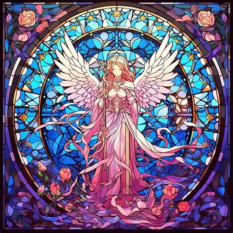 an angel standing in front of a stained glass window