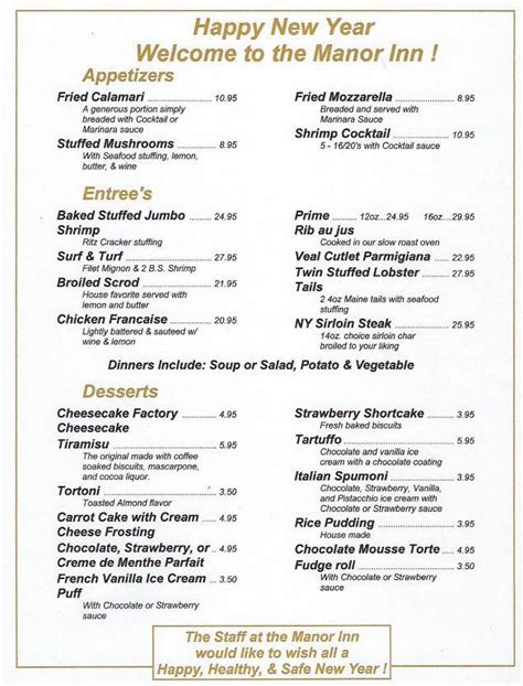 Menu at Manor Inn Restaurant, Cheshire