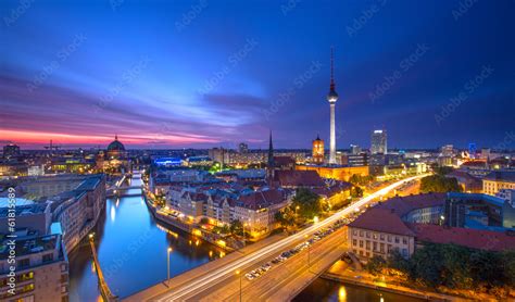 Berlin Skyline City Panorama with Traffic and Sunset Stock Photo ...