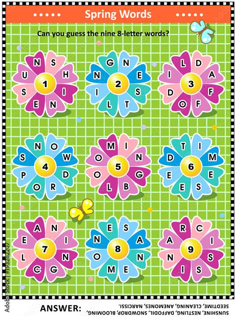 Spring or summer themed word puzzle (English language) with words written on petals around the ...