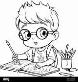 Cute Little Boy doing His homework Vector Illustration For coloring  sketch template