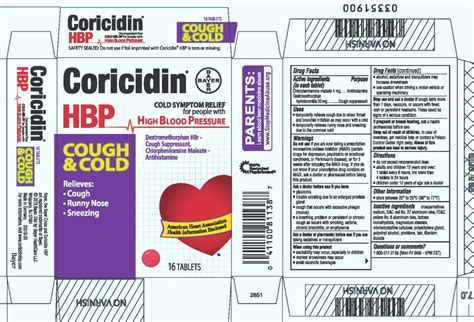 Coricidin HBP Cough and Cold Cough Suppressant, Antihistamine (tablet ...