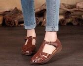 Items similar to Handmade Brown Women Leather Sandals, Flat Hollow Shoes, Soft Oxford Shoes for ...