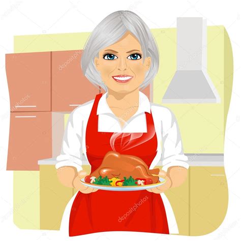 Sweet grandmother in red apron cooking traditional thanksgiving turkey — Stock Vector © flint01 ...