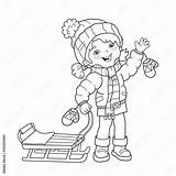 Coloring Page Outline Of Cartoon Girl With sled Winter Book  sketch template