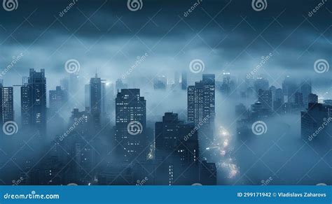 The Night City in the Fog is Tall Buildings in a Thick Fog Stock ...