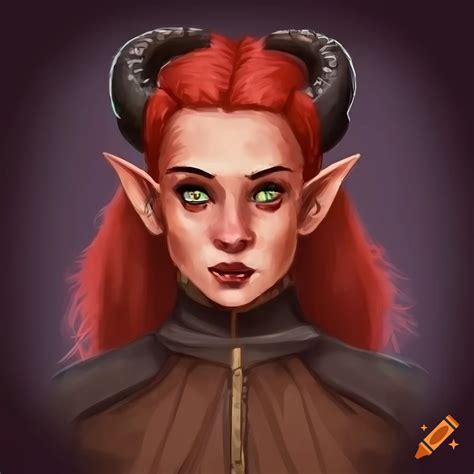 Detailed illustration of a young tiefling woman in brown leather clothes on Craiyon