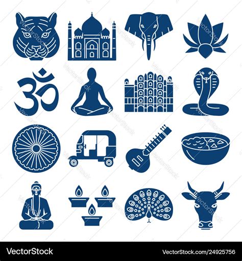 India national symbols silhouette icons set Vector Image