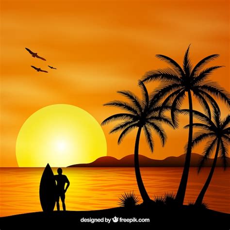 Free Vector | Summer backgroud with sunset and palm trees silhouette