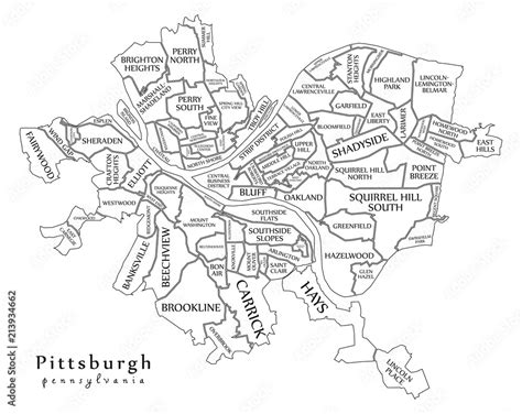 Plakat modern City Map - Pittsburgh Pennsylvania city of the USA with neighborhoods and titles ...