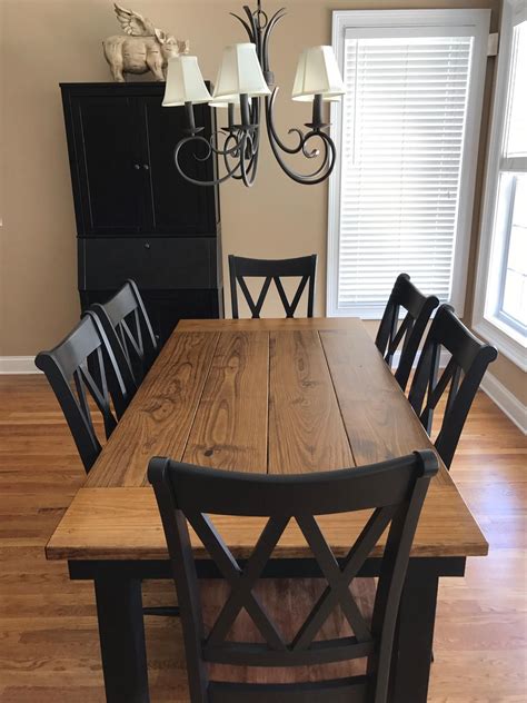 This 6’ x 37” Farmhouse Table in Early American stain on top and Black painted … | Farmhouse ...