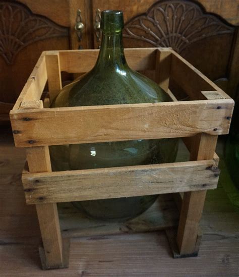 French demijohn antique circa 1910 with crate. Dark green. Hand blown ...