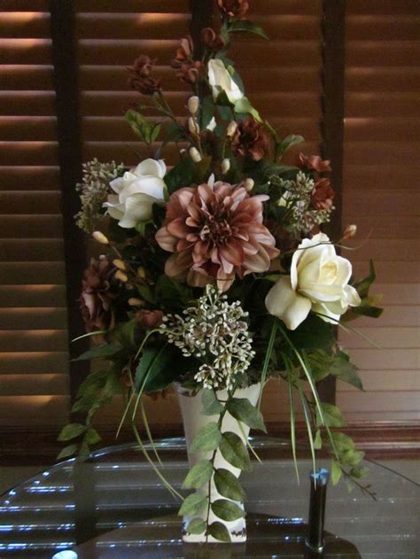 Silk Floral Flower Arrangement Centerpiece Cherry Wood Brown Dahlias