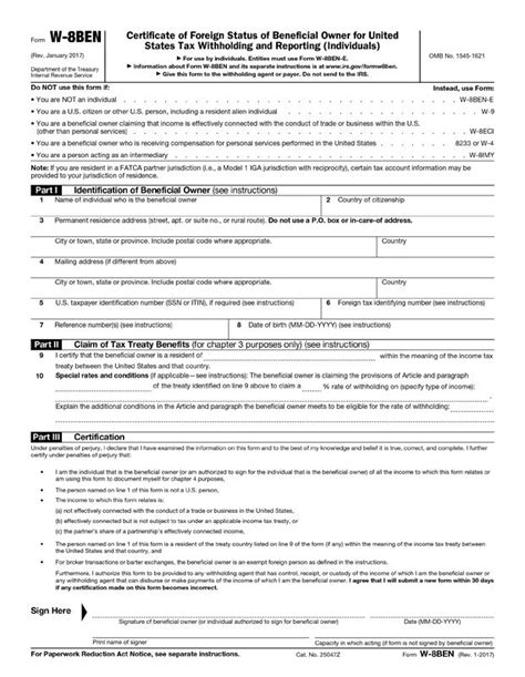 IRS W-8BEN Form Template - Fill & Download Online [+ Free PDF] | Tax ...