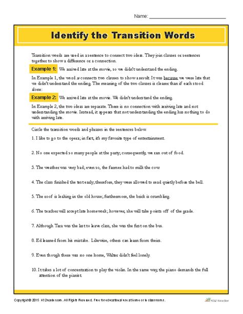 Identify the Transition Words Printable Writing Worksheet