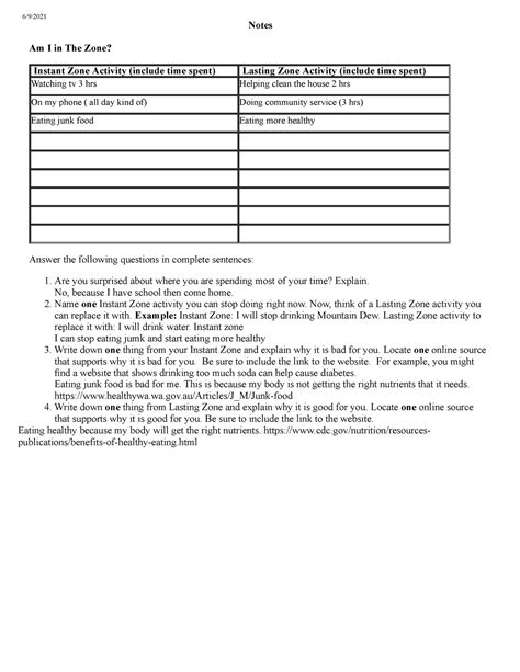 Chart - nhsnshh - 6/9/ Notes Am I in The Zone? Instant Zone Activity ...