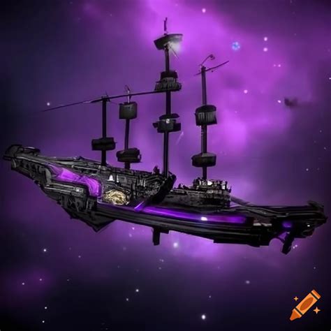 Purple and black futuristic space pirate ship on Craiyon