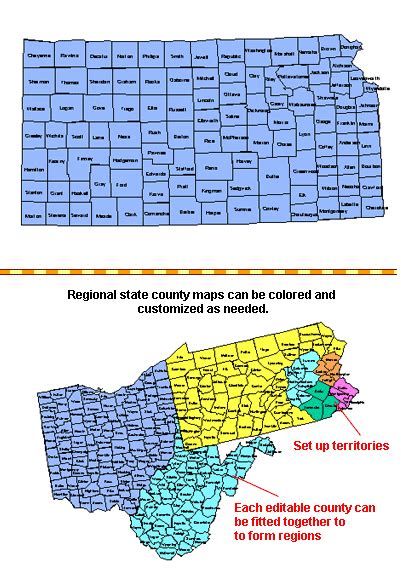 Kansas, Editable County PowerPoint Map for Building Regions – Maps for ...