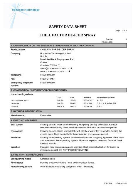 safety data sheet chill factor de-icer spray - Saxon Brands