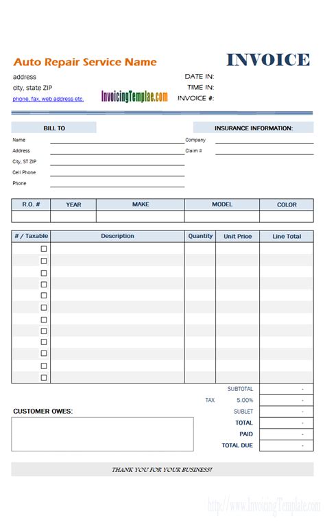 Free printable auto repair invoice template - routerilly