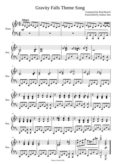 Partitura para Piano "Gravity Falls Theme" | Gravity Falls | Learn ...