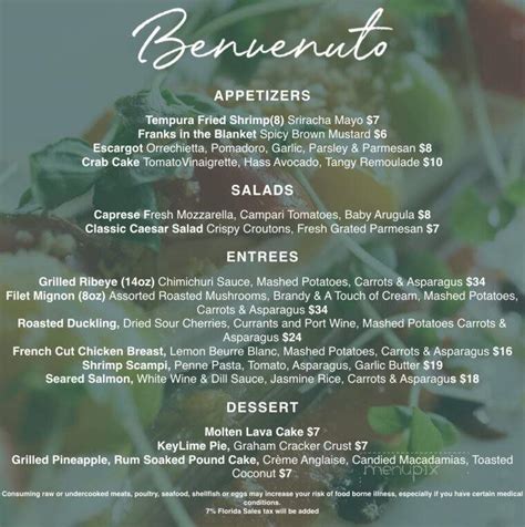 Menu of Benvenuto Restaurant in Boynton Beach, FL 33435