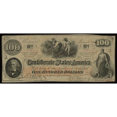 1862 $100 One-Hundred Dollar Confederate States of America Richmond CSA Bank Note | Pristine Auction