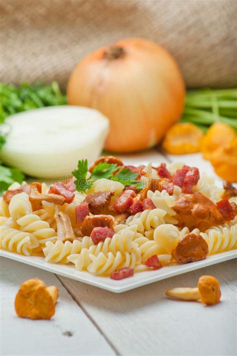 Fusilli Pasta with Mushrooms and Bacon. Stock Image - Image of herb, cream: 45294283