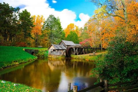 Download Pond Fall Mabry Mill Man Made Watermill 4k Ultra HD Wallpaper