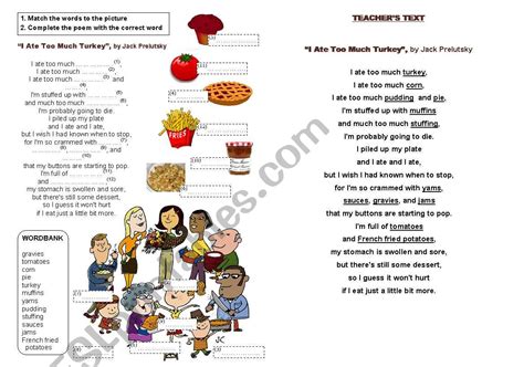 Thanksgiving poem: I ate too much turkey - ESL worksheet by queensarah