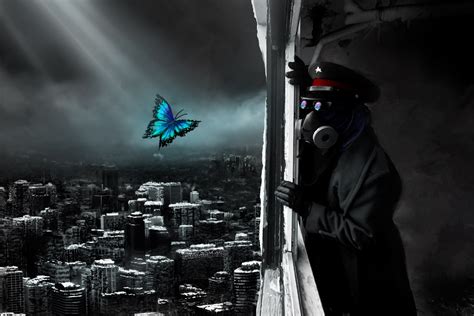 abstract, Science fiction, Buildings, Butterfly, Clouds, Sun rays, Romantically Apocalyptic ...