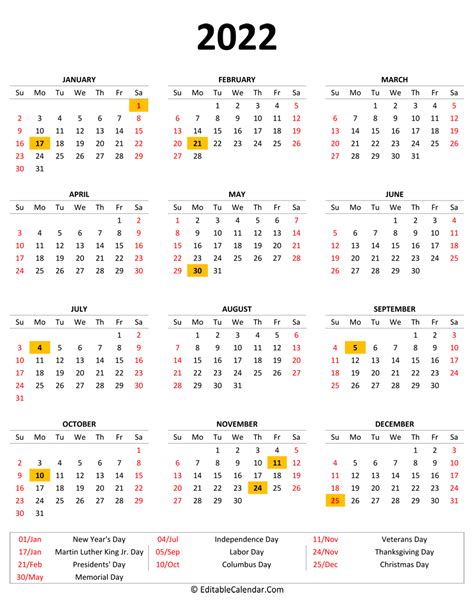 2022 Printable Calendar with Holidays (Portrait Orientation)