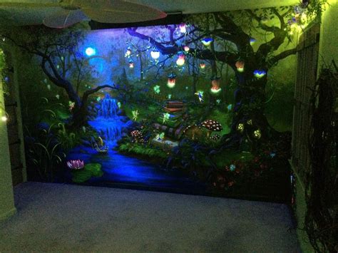 Enchanted forest bedroom mural under the blacklight - At night, under ...