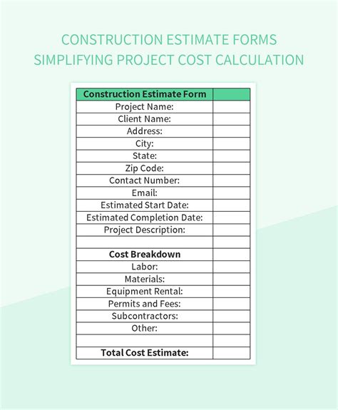 Free Construction Estimate Forms Templates For Google Sheets And Microsoft Excel - Slidesdocs